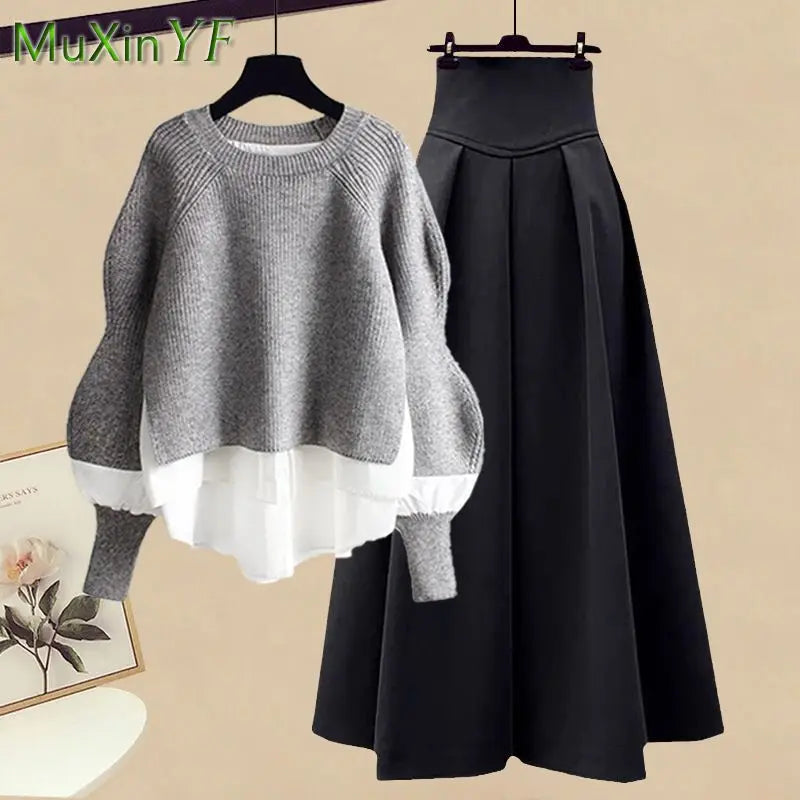 Elegant Splice Pullover Set/Two Piece Knitted Sweater Dress/Matching Chic Pullover Skirt Set.