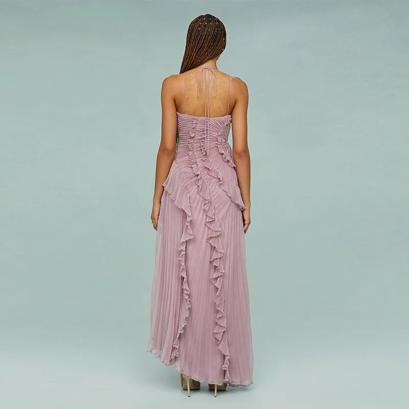 Chic Style Lotus Edge Maxi Dress/Slim Fitted Ankle Length Dress/Backless Lace Up/Elegant Floral Halter Sleeveless Robes.