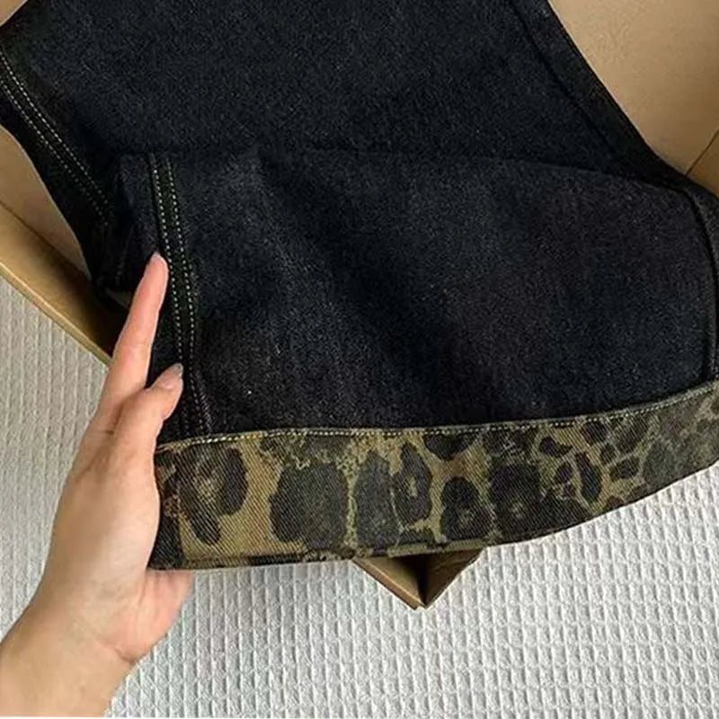 Leopard Cuff Dark Wash Wide Leg Jeans for Women – Mid Rise Loose Straight Denim Pants