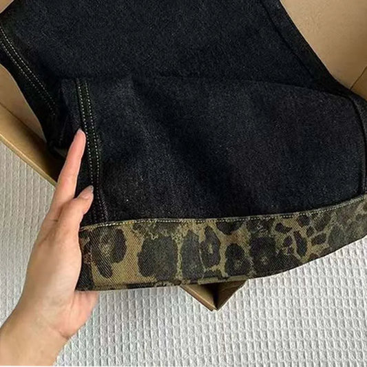 Leopard Cuff Dark Wash Wide Leg Jeans for Women – Mid Rise Loose Straight Denim Pants