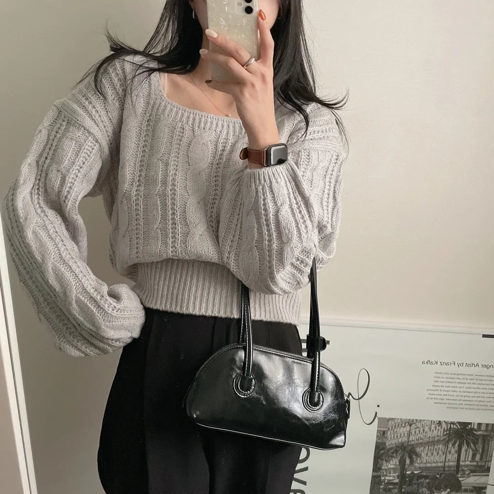 Classy Pullover Square Neck Sweater/Autumn and Winter Loose Casual/Simple Jumper Solid Color Long Sleeved Knitted Sweater.