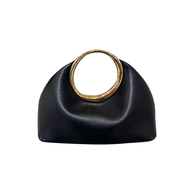 Luxury Sculpted Black Handbag with Gold Circular Handle – Modern Statement Top Handle Purse for Women