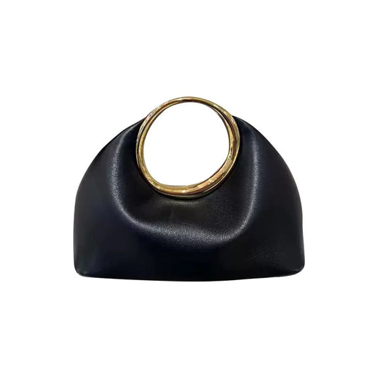 Luxury Sculpted Black Handbag with Gold Circular Handle – Modern Statement Top Handle Purse for Women