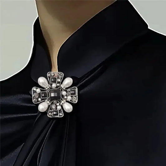 Black Satin High-Neck Blouse with Crystal Accent|Elegant Jewel Neck Long Sleeve Satin Blouse