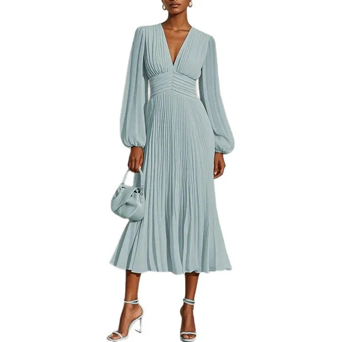 Modern Blend Boutique Elegant Pleated Maxi Dress – Long Sleeve V-Neck Evening Dress for Women | Flowing A-Line Spring Occasion Dress 2026