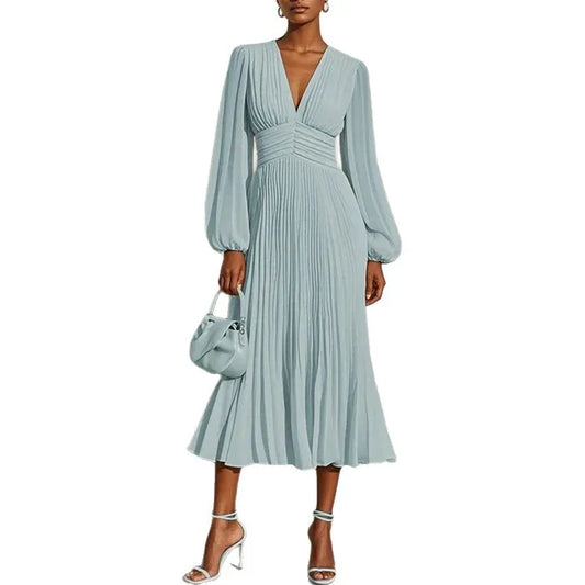 Modern Blend Boutique Elegant Pleated Maxi Dress – Long Sleeve V-Neck Evening Dress for Women | Flowing A-Line Spring Occasion Dress 2026