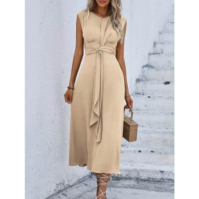 Elegant Sleeveless Waist Tie Midi Dress for Women – Romantic Vacation A-Line Summer Dress | Casual Chic Date Night Outfit | Modern Blend Boutique