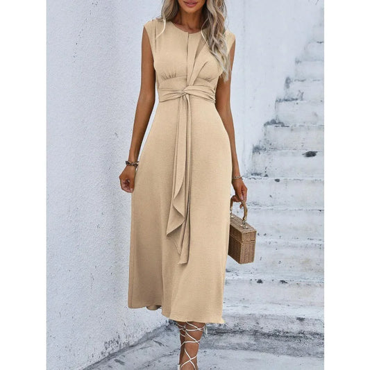 Elegant Sleeveless Waist Tie Midi Dress for Women – Romantic Vacation A-Line Summer Dress | Casual Chic Date Night Outfit | Modern Blend Boutique