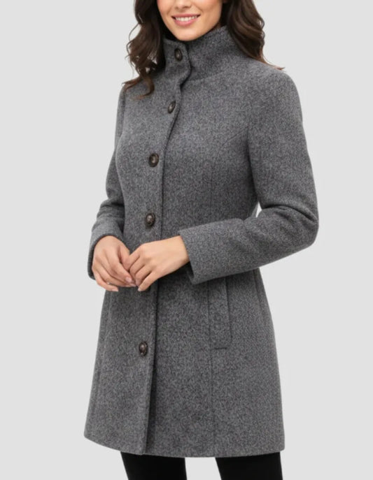 Women’s Wool-Look Tailored A-Line Coat | Stand Collar, Button Front, Slim Fit – Fall/Winter (Copy)