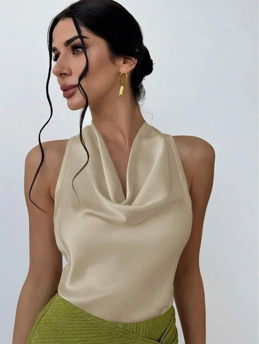 Elegant Satin Halter Blouse for Women – Sleeveless Bow Neck Office Lady Top