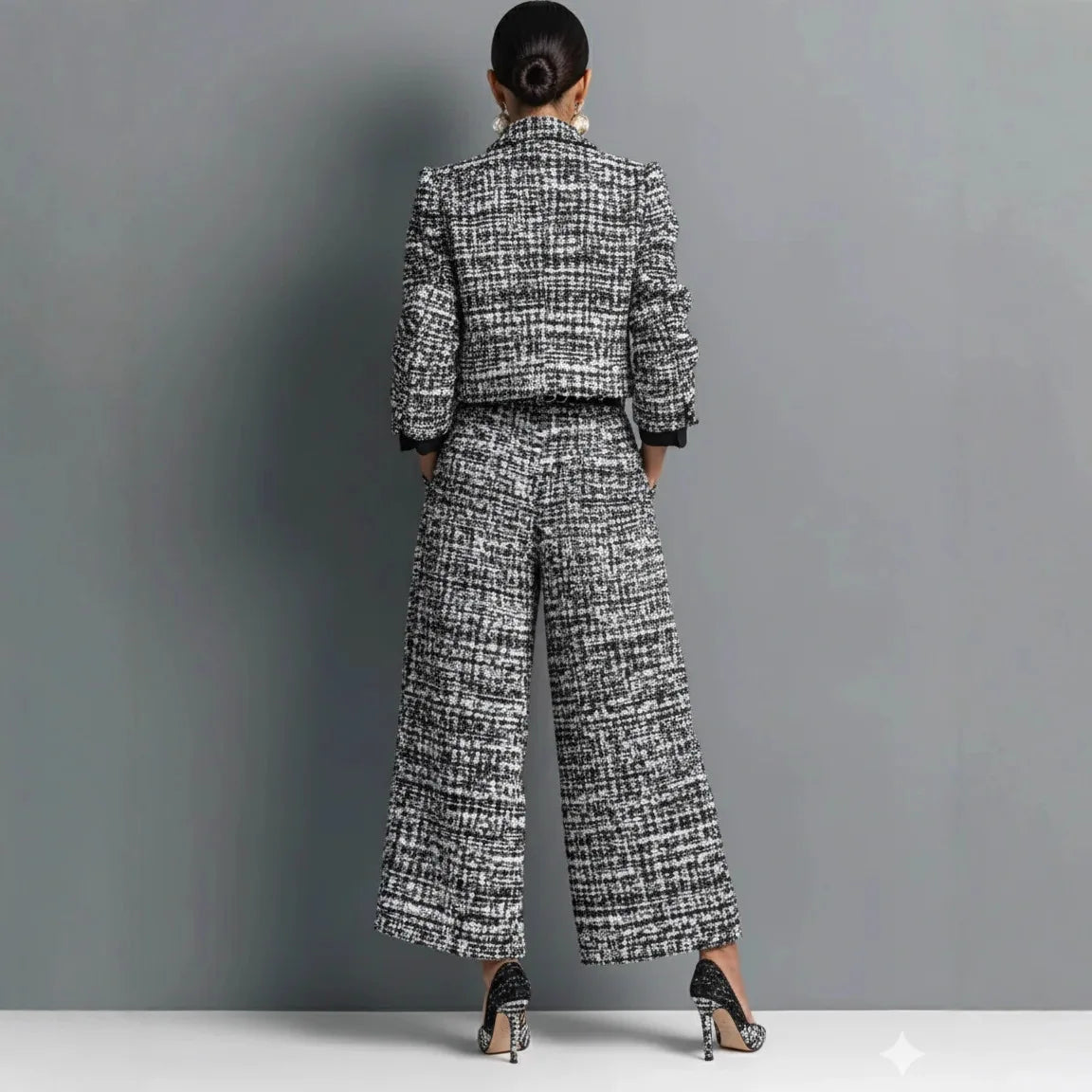 Luxury Tweed Two-Piece Set for Women – Elegant Printed Button Jacket & Wide Leg Pants Set | Modern Blend Boutique