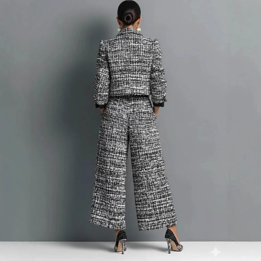Luxury Tweed Two-Piece Set for Women – Elegant Printed Button Jacket & Wide Leg Pants Set | Modern Blend Boutique