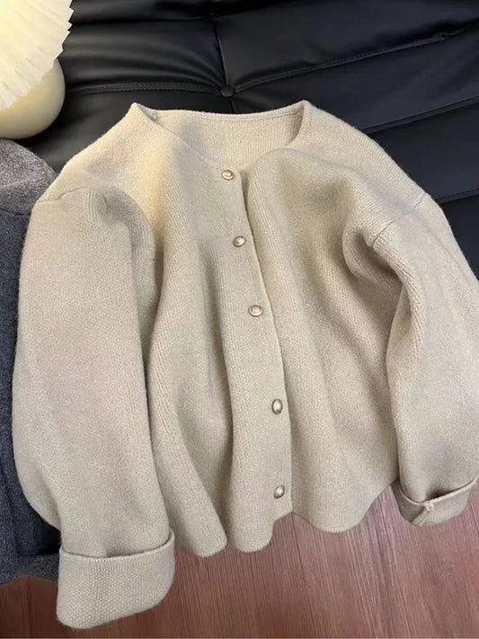 Elegant O-Neck Knitted Sweater Cardigan/Loose Versatile Long Sleeved Top Single Breasted Jacket