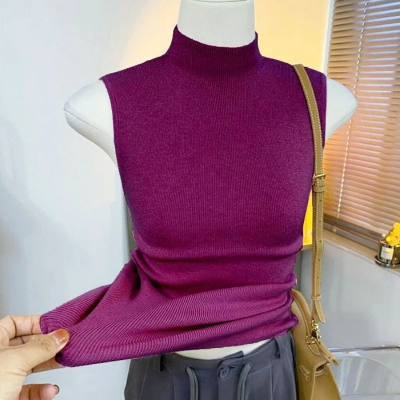 Knitted turtleneck sweater/Women Half High Collar Fashion/Autumn Basic Slim Sleeveless Sweaters/All-match Ulzzang Leisure Knitting. Popular Slightly Stretch.