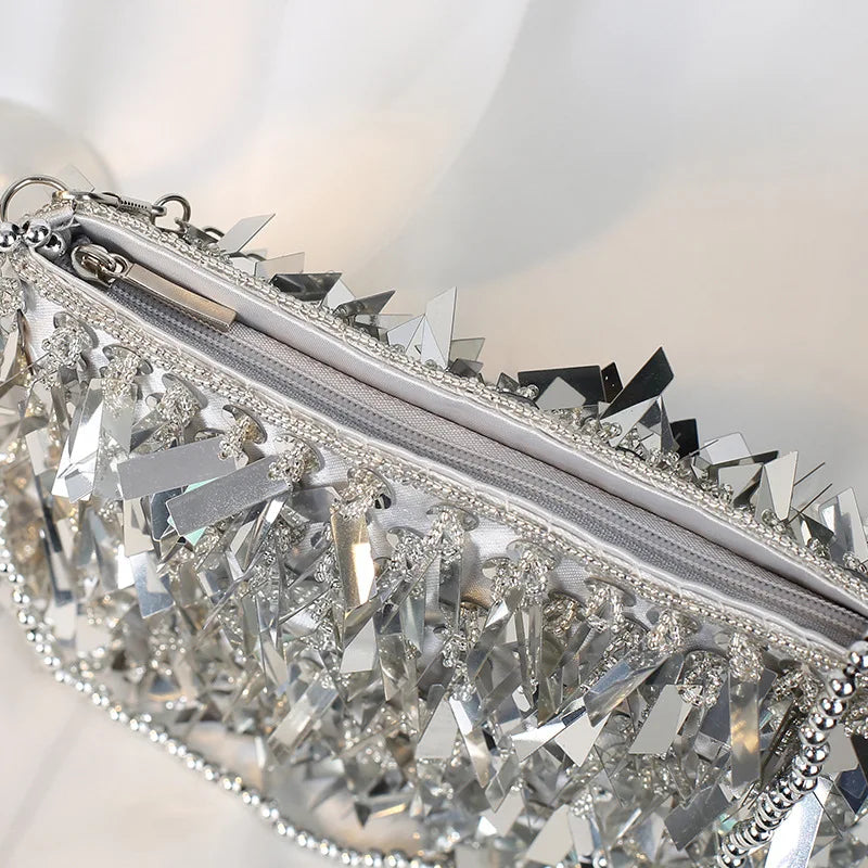 Vintage Silver Hand Bag/Beading Sequined Bag/Clutch Purse Versatile Handbags With Beaded Handle Chain Shoulder Bag.