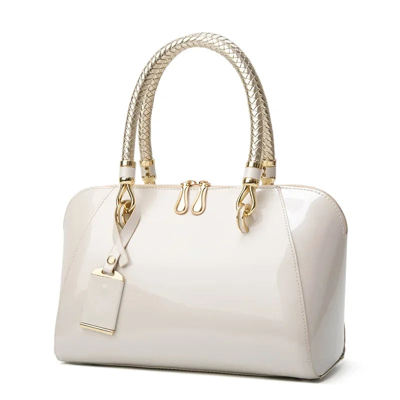 Luxury Pink Patent Leather Handbag – Glossy Top Handle Tote with Gold Hardware | Modern Blend Boutique