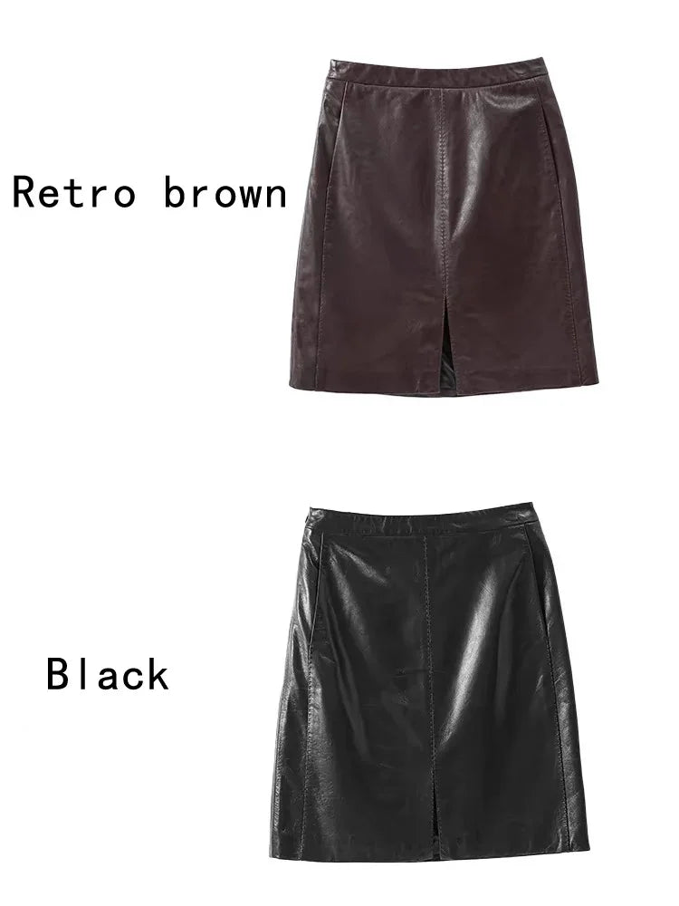 Burgundy Faux Leather Mini Skirt with Front Slit – High-Waist Vegan Leather Skirt