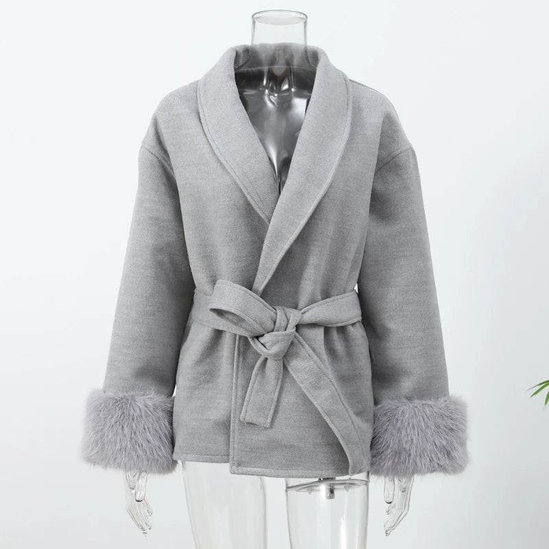 Elegant Lace-Up Woolen Short Coat for Women – Solid Loose Lapel Jacket with Furry Belt, Long Sleeve Chic Cardigan (Autumn Winter 2025)
