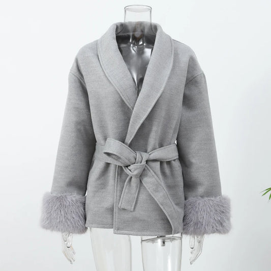 Elegant Lace-Up Woolen Short Coat for Women – Solid Loose Lapel Jacket with Furry Belt, Long Sleeve Chic Cardigan (Autumn Winter 2025)