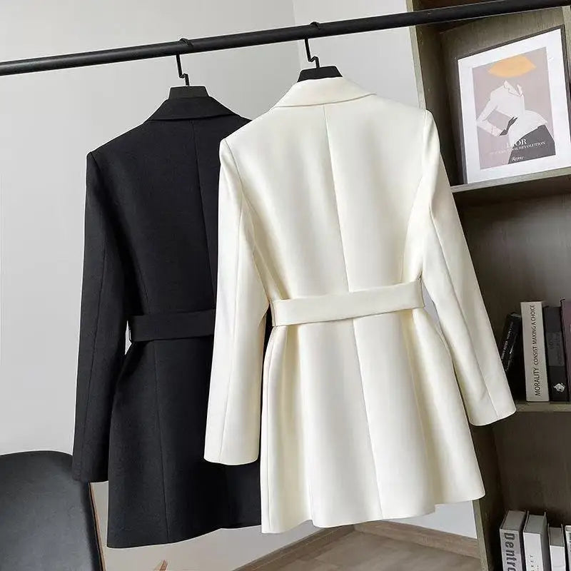 Fashion Coat Autumn Winter Suit Lady Business Office Blazer Black White Mid Length Female Outerwear