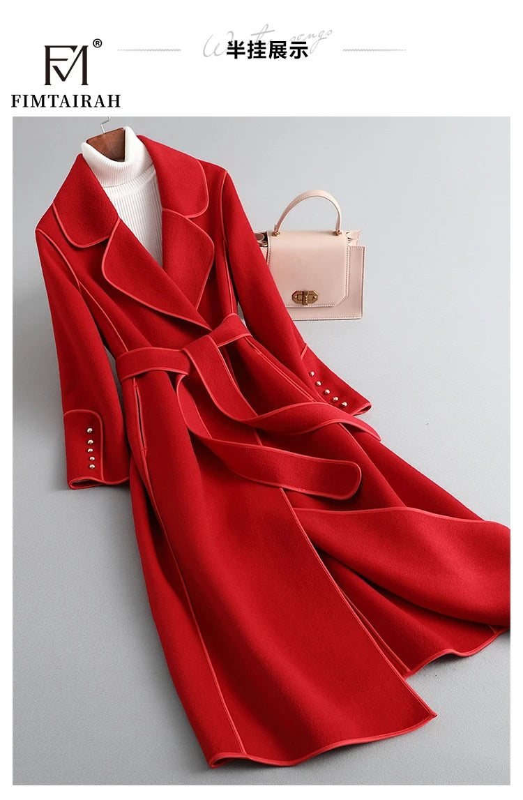 Women’s 100% Merino Wool Long Wrap Coat – Luxury Double-Breasted Style, Wide Lapel Collar, Belted Waist, Elegant Winter Outerwear