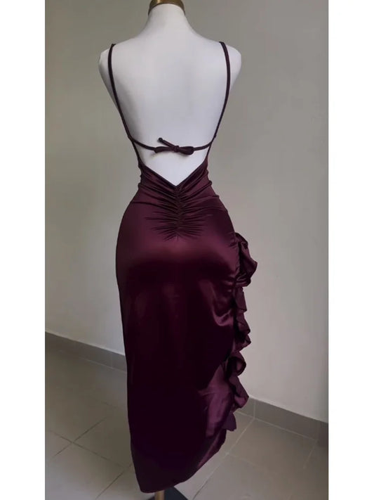 Burgundy Satin Ruched Maxi Dress – Open Back High Slit Spaghetti Strap Evening Gown for Women