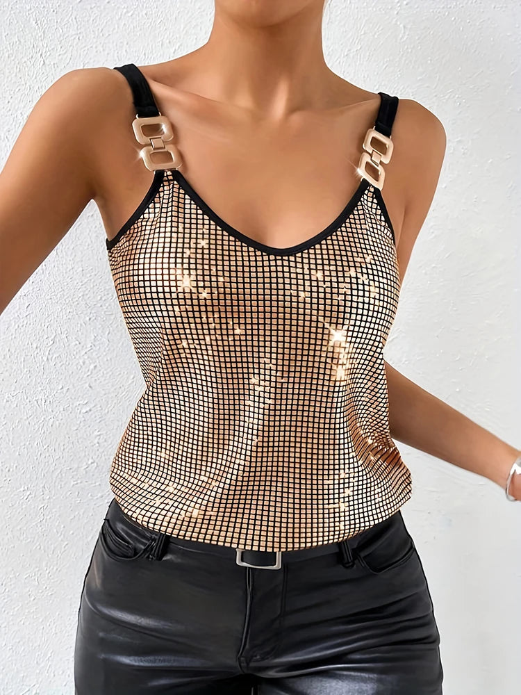 Disco Sequined Nightclub Tank Top/V~Neck Shiny Layered Camisole Blouse/Elastic Strapped Tank Top.