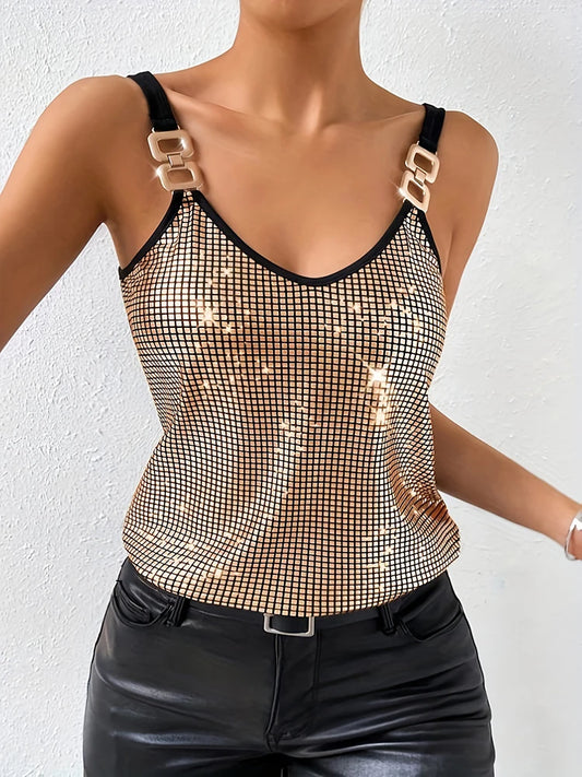 Disco Sequined Nightclub Tank Top/V~Neck Shiny Layered Camisole Blouse/Elastic Strapped Tank Top.