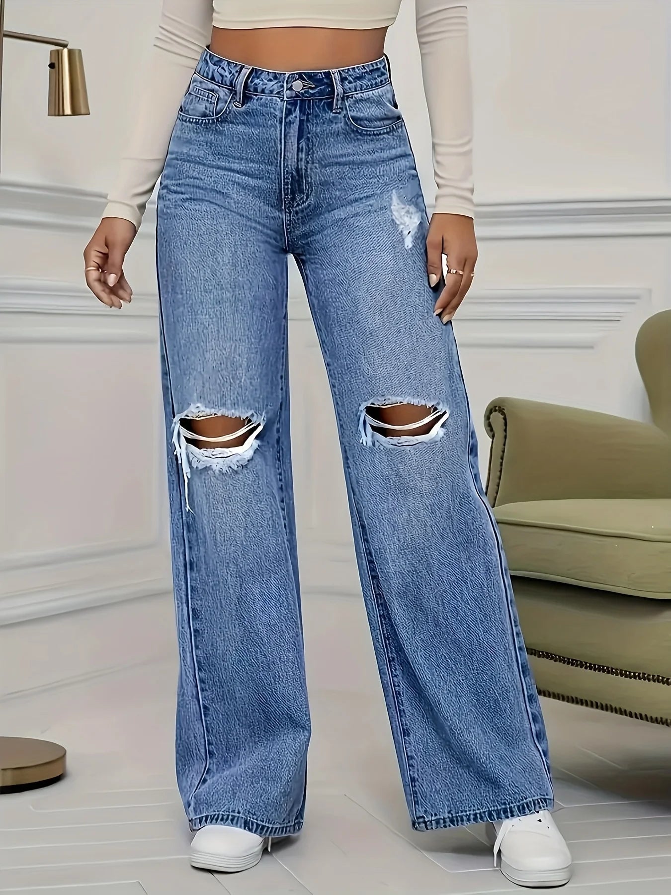 Loose Fitted High-Waist Denim/Straight Leg Jeans/Style Up Ripped Details/Casual wear/Fashionable Ankle Length Pants/Outdoor wear.