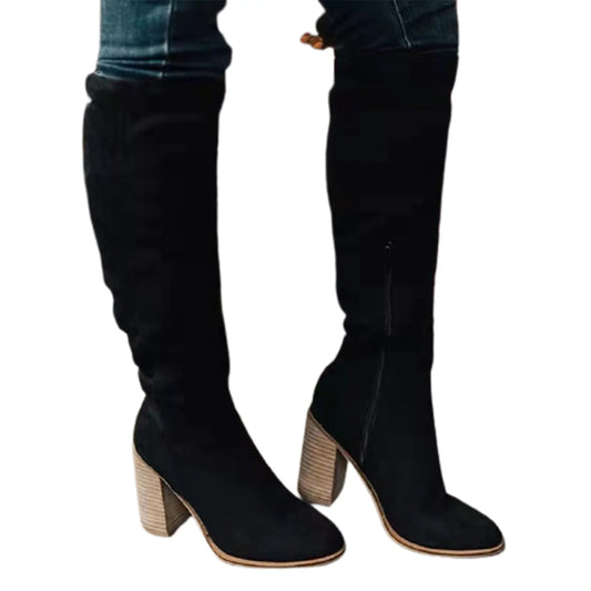 Women’s Knee-High Suede-Look Boots – Elegant Chunky Block Heel, Side-Zip Tall Boots, Fall & Winter