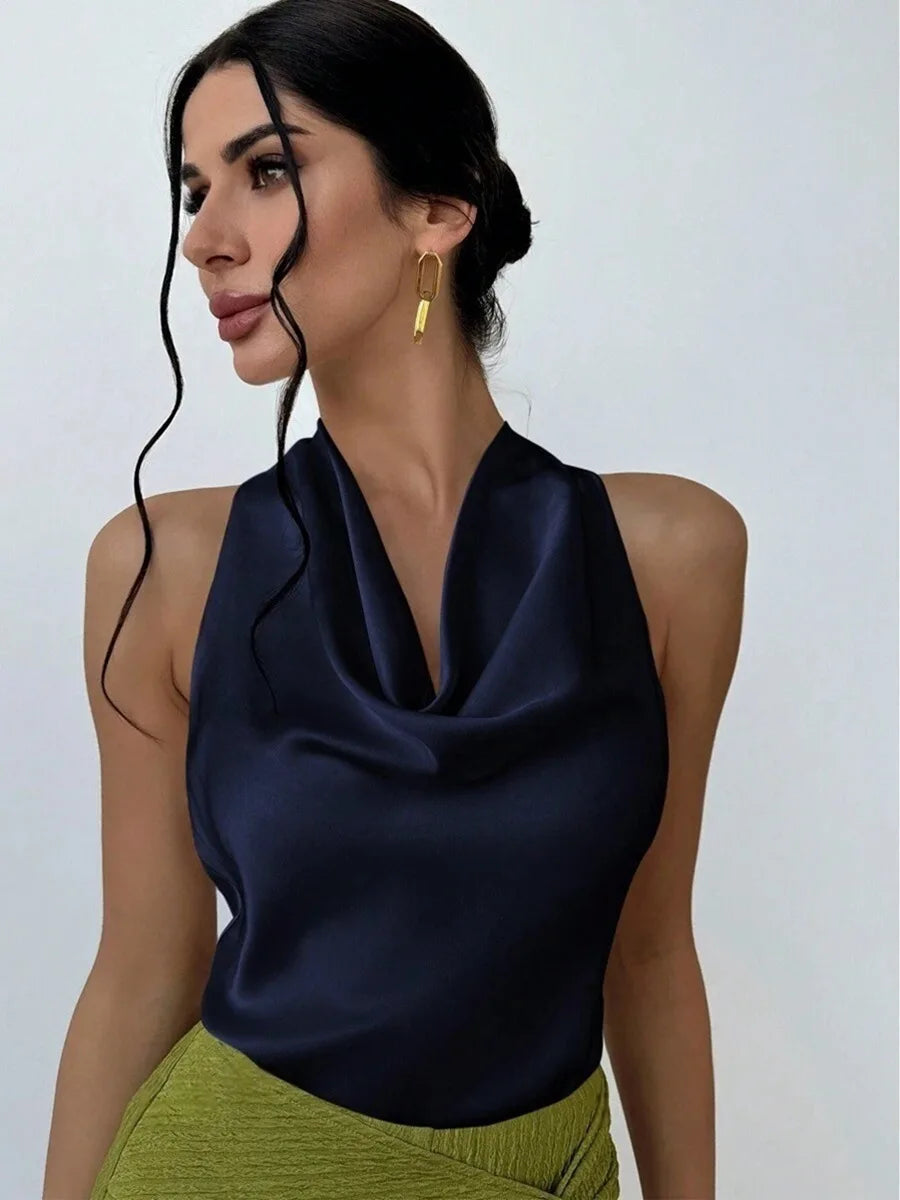 Elegant Satin Halter Blouse for Women – Sleeveless Bow Neck Office Lady Top