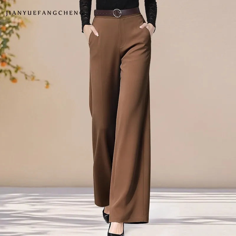 Refined Brown Wide Leg Pant’s For Autumn/High Waist Straight Long Trouser’s Business Formal.