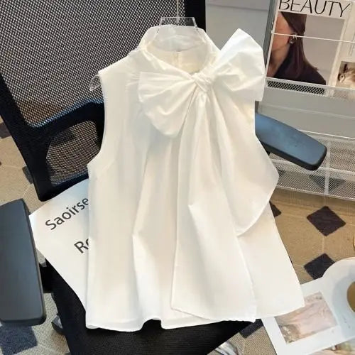 Mini Bow Tuckernuck/NEW White Blythe Ruffle Collar Preppy Sleeveless White Blouse for Women/Sleeveless Loose Shirts Fashion Sweet/All EventTops.