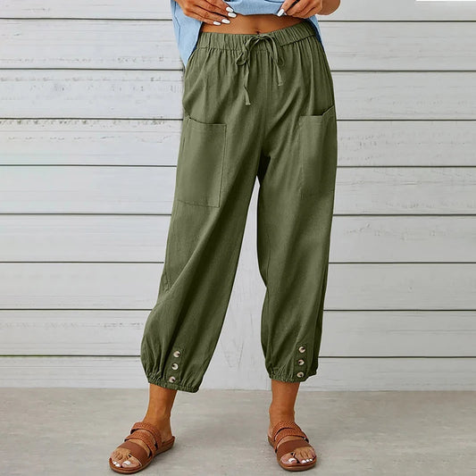 Comfy Carpi Harajuku Pants/Loose Cotton Linen/Solid Color Elastic Waist Loose Straight Trousers/Waist Wide Leg Pants.