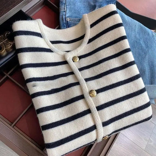 Women’s Striped Knitted Cardigan – O-Neck Long Sleeve Short Sweater Jacket | Spring Fall Versatile Knit Top