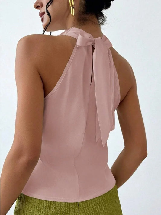 Elegant Satin Halter Blouse for Women – Sleeveless Bow Neck Office Lady Top