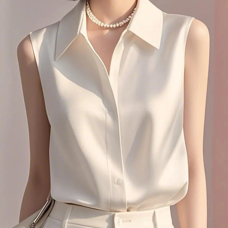 Sleeveless Satin Blouse for Women – Elegant Button-Front Top