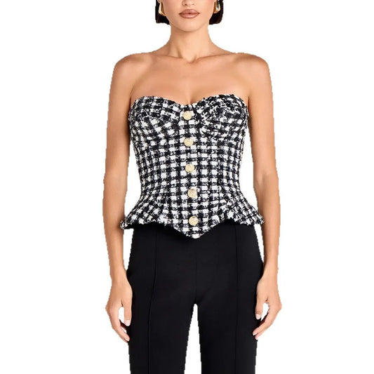 Luxury Tweed Corset Top for Women – Strapless Peplum Bustier with Gold Button Detail | Elegant Timeless Boutique Fashion