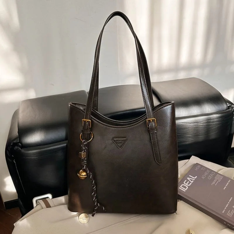 Women’s PU Leather Shoulder Tote Bag – Elegant Structured Handbag with Gold-Tone Accents | Modern Blend Boutique
