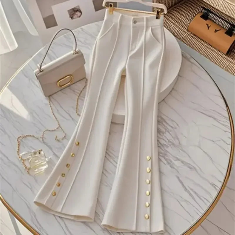 New Luxury Slim Pant’s/High End Fashion Design Button’s/Elegant White Flared Trouser’s/High Waist Lady Bottom Wear.