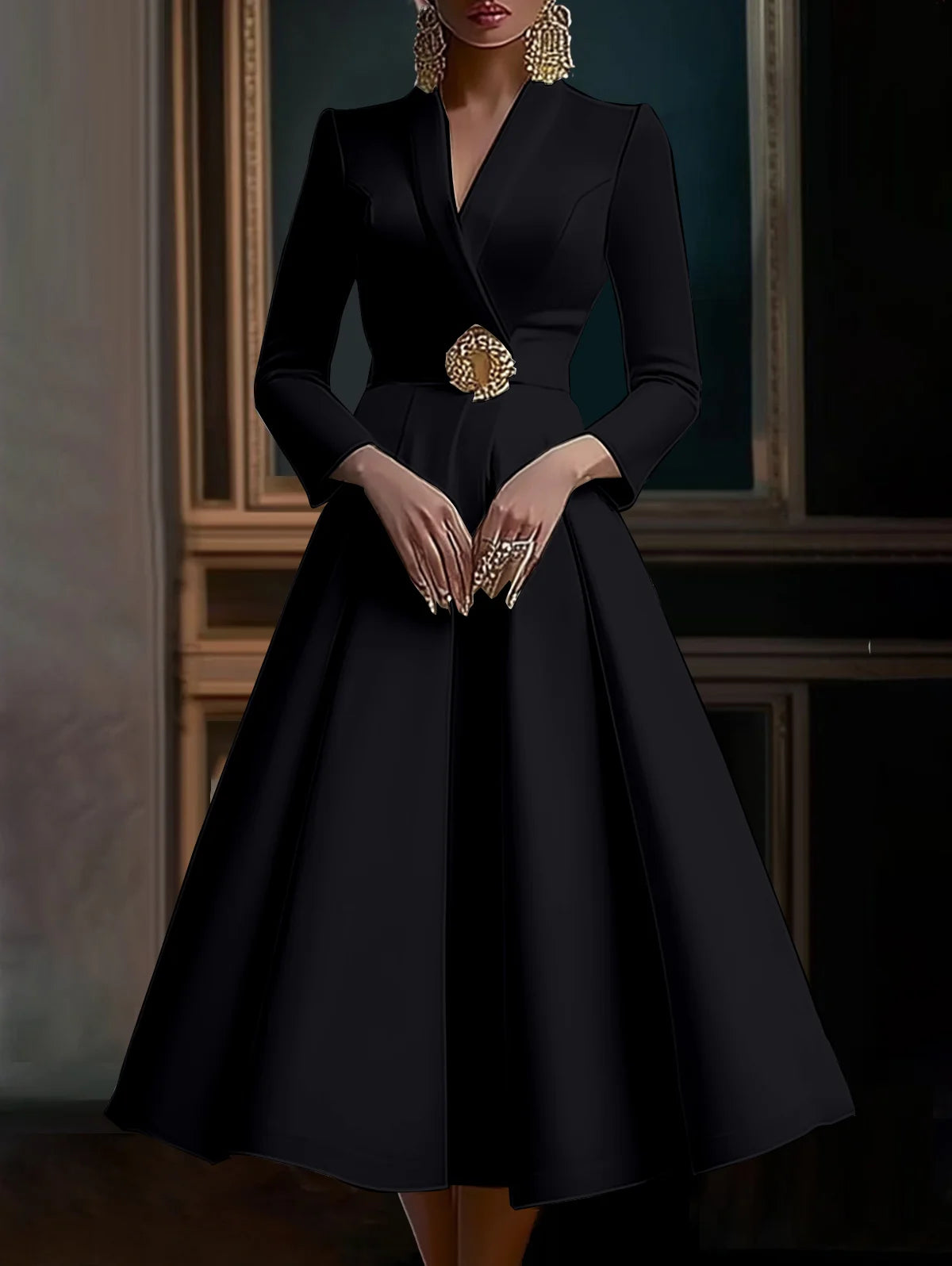 Elegant V Neck Pleated Pullover/Long Sleeved A-Line Dress/Waisted Evening Party Dress Women's Long Dress Vestidos with Belt.