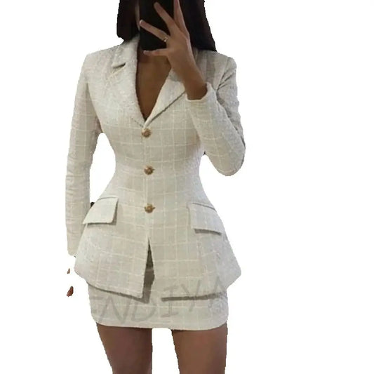 Elegant Ivory Tweed Two-Piece Skirt Suit Set | Slim Fit Blazer & Mini Skirt