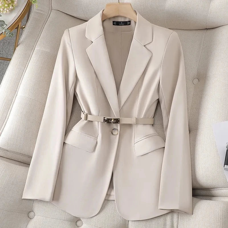 Women’s Tailored Belted Blazer – Single-Breasted Notched Lapel, Structured Shoulder, Regular-Length Suit Jacket, Elegant Business Casual Outerwear