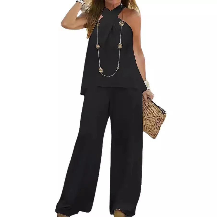 Effortlessly Halter Neck Solid Color Sleeveless Suit Wide Leg Pants Trousers Two-piece Suit.