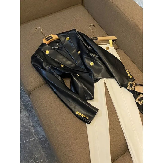 Luxury Faux Leather Tailored Blazer with Gold Buttons | Women’s Structured Vegan Leather Jacket