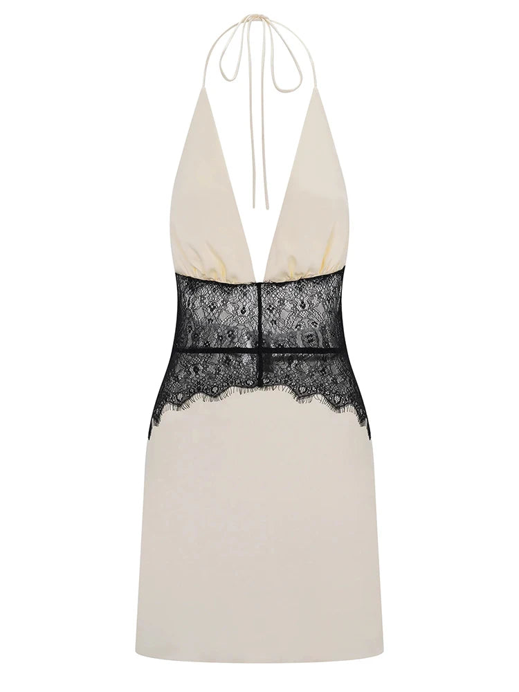 Elegant Lace Patchwork Halter Mini Dress – Luxury Backless Deep V-Neck Sleeveless Party Dress for Women | Timeless Chic Evening Look