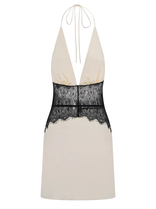 Elegant Lace Patchwork Halter Mini Dress – Luxury Backless Deep V-Neck Sleeveless Party Dress for Women | Timeless Chic Evening Look