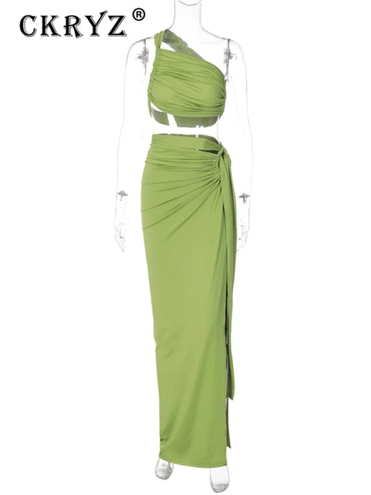 Luxury One-Shoulder Ruched Skirt Set – Elegant Backless Crop Top & High Slit Maxi Skirt Two-Piece Ensemble