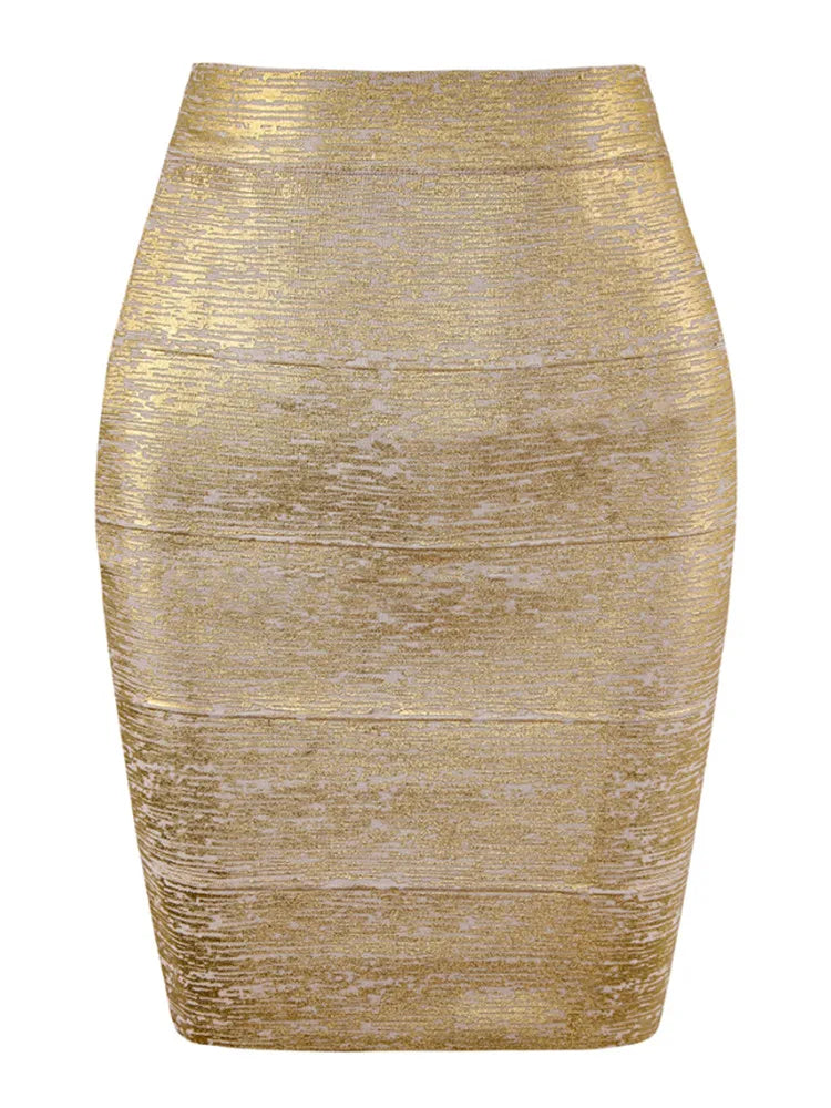 Gold Metallic High-Waist Bodycon Midi Skirt for Women – Stretch Fitted Pencil Skirt