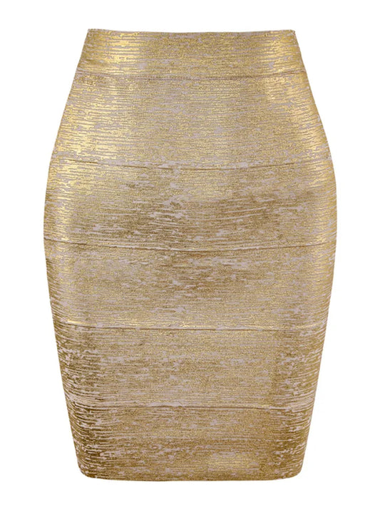 Gold Metallic High-Waist Bodycon Midi Skirt for Women – Stretch Fitted Pencil Skirt